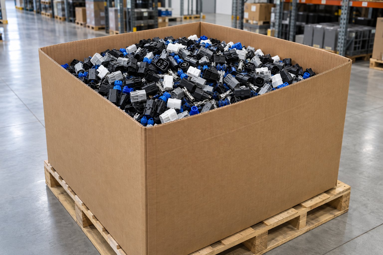 Conectores automotrices a granel en caja Gaylord